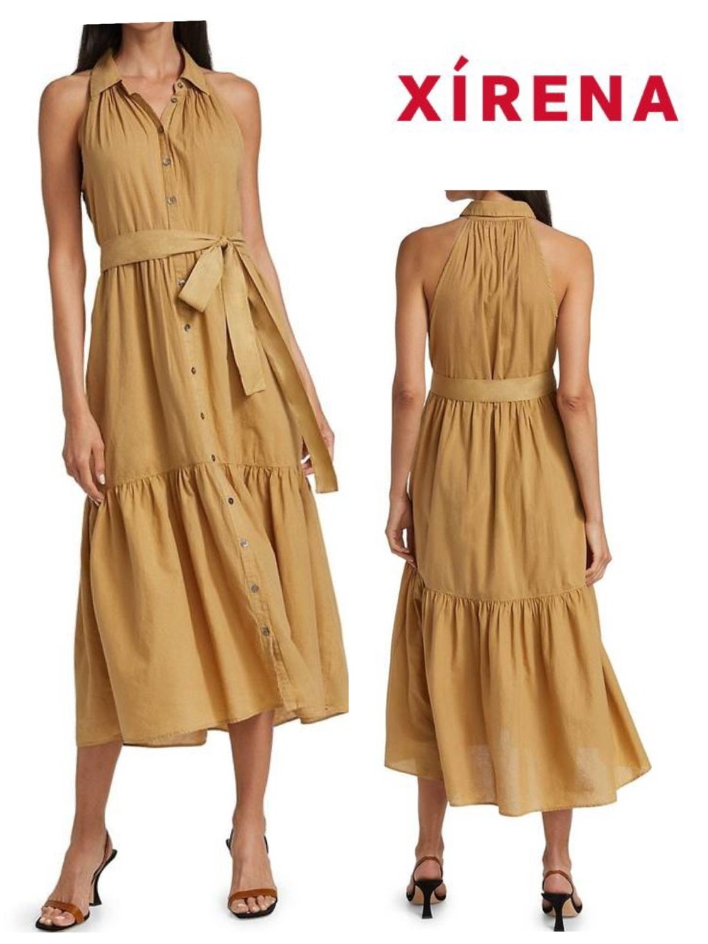 XiRENA Halter Button-Front Midi Dress in Camel